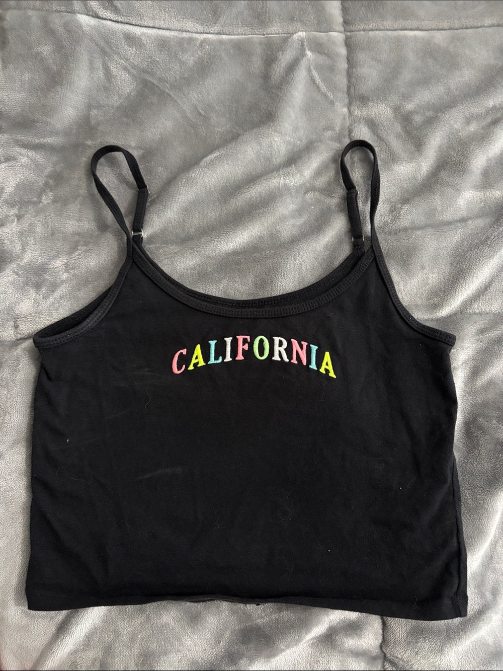 Hollister Black Cropped Cami with Multicolor "California" Embroidery